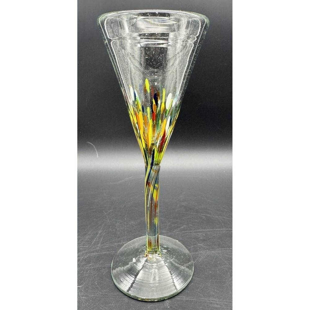 Hand Blown Art Glass Champagne Flute Confetti Stem Colorful Swirl 8.5"